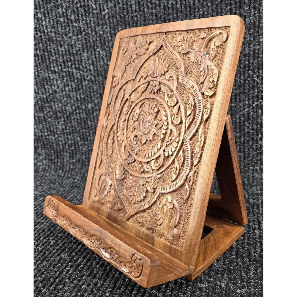 World Market Hand-Carved Wood Cookbook Tablet Stand Holder Display India 8"x11"